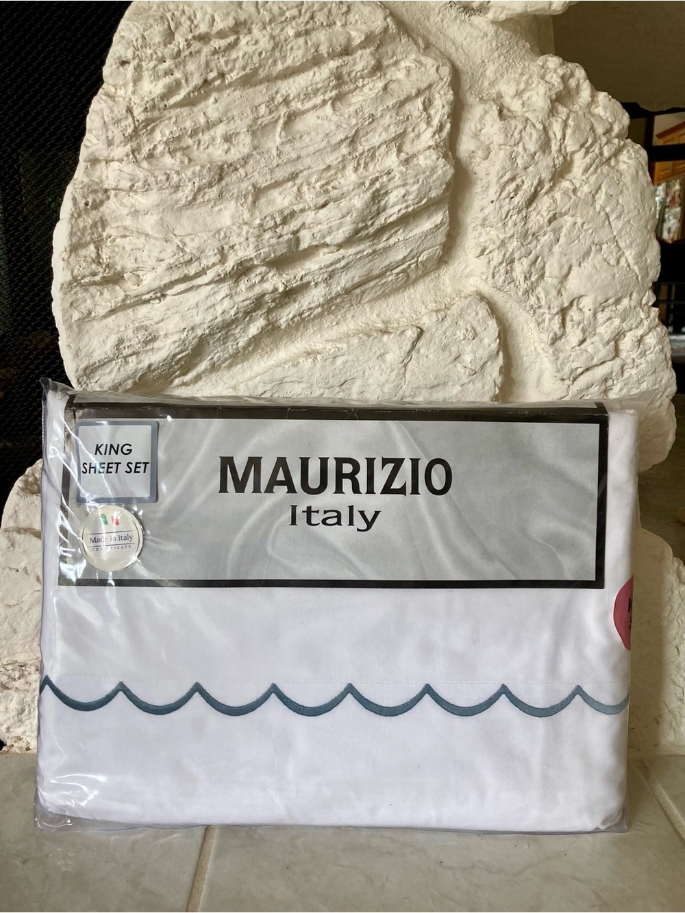 Maurizio Italy King Sheet Set White w/ Dark Gray Blue Embroidery Percale Cotton